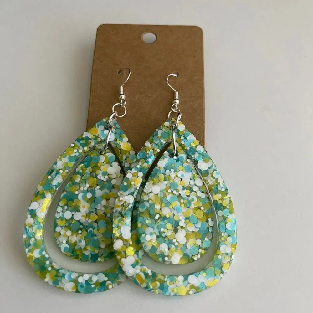 Handmade epoxy resin large teardrop dangle earrings-turquoise yellow white‎